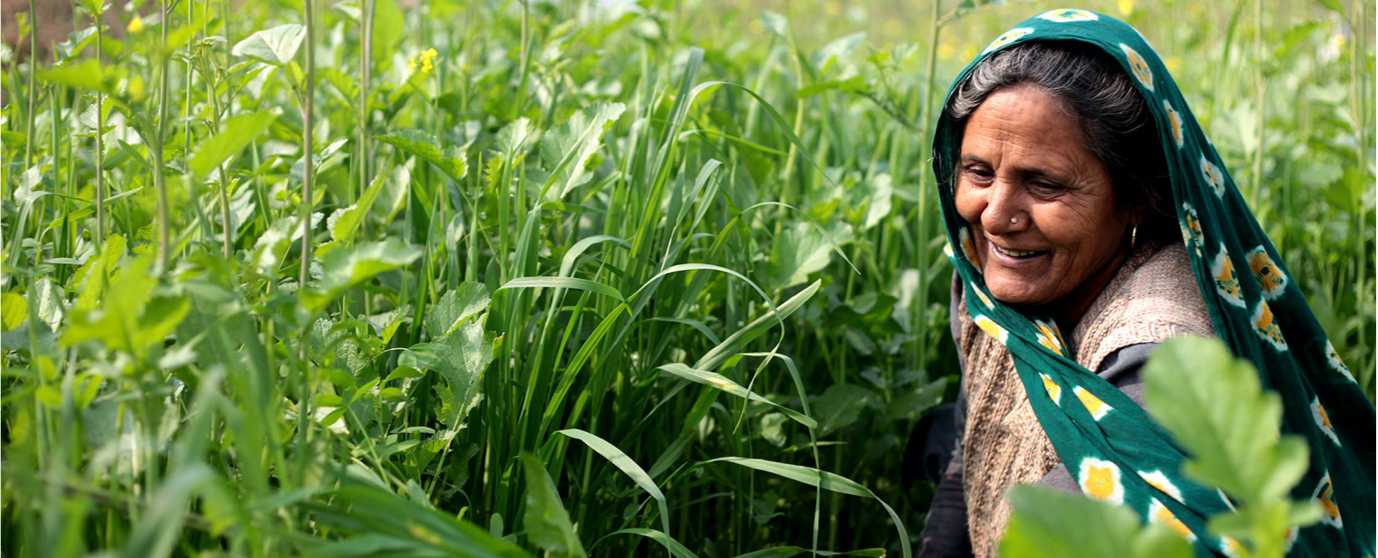 older woman smiling walking through the tall grass